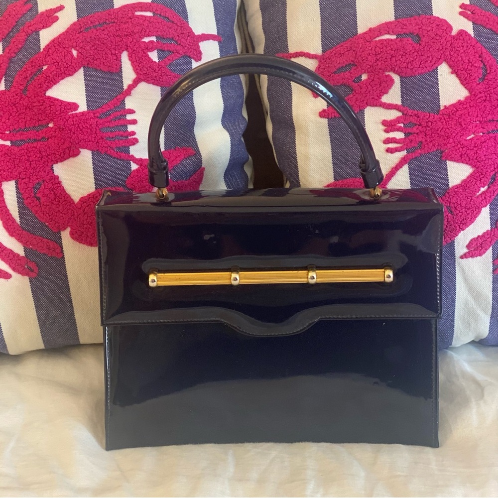 Vintage 1950s Crown Lewis Navy Patent Leather Bag with Gold Detail
